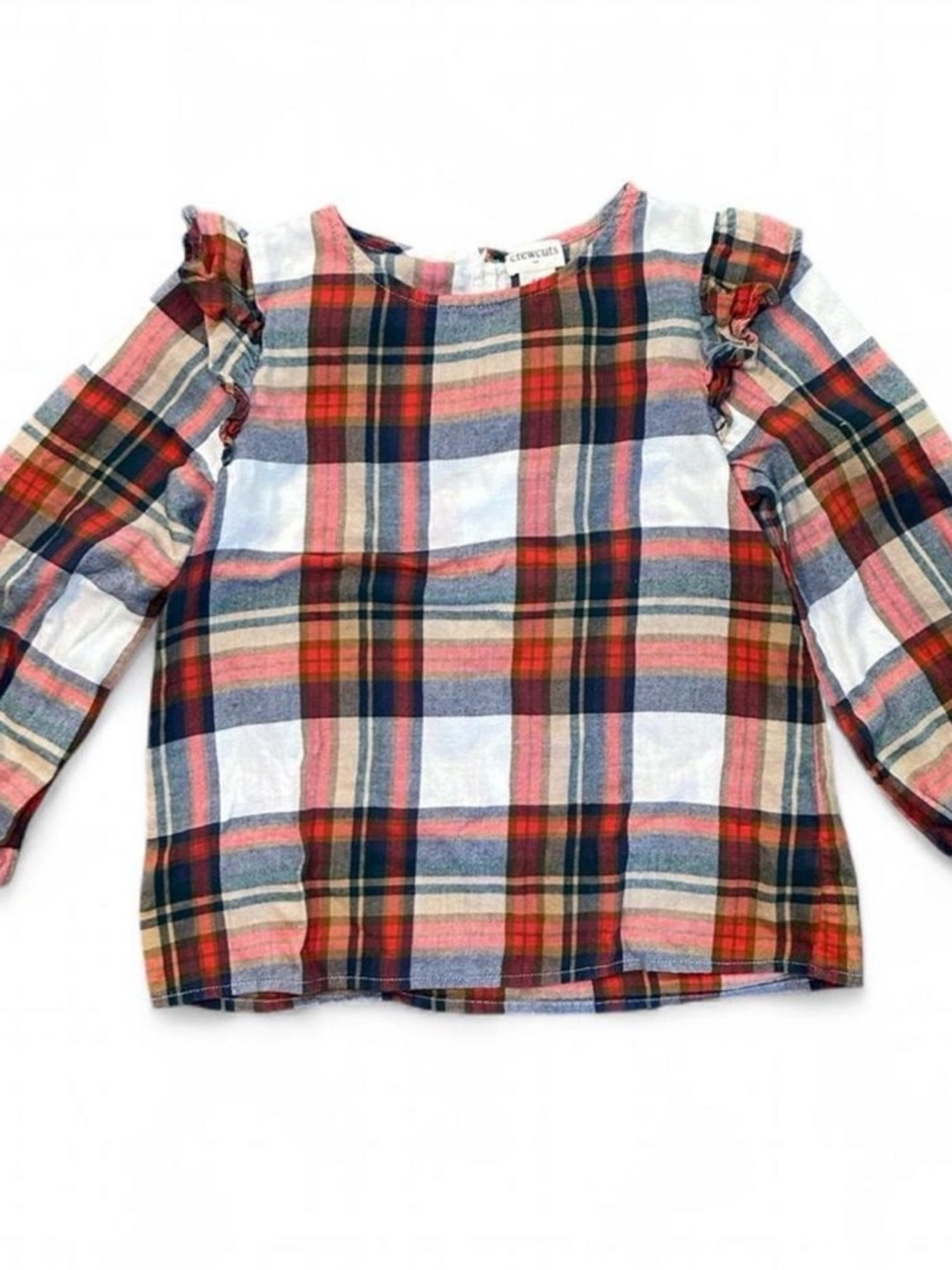 Crewcuts Plaid Ruffle Shoulder Top - Red Blue Cream